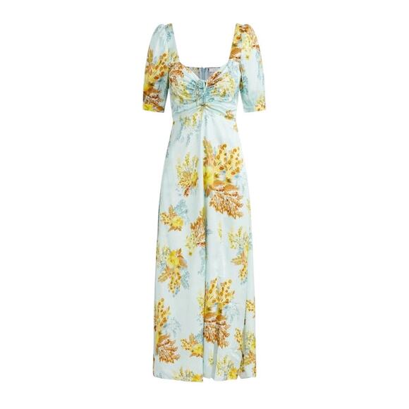 Anthropologie The Vineyard Floral Satin Midi Dress Blue Yellow Puff Sleeve sz 4 - Picture 3 of 8